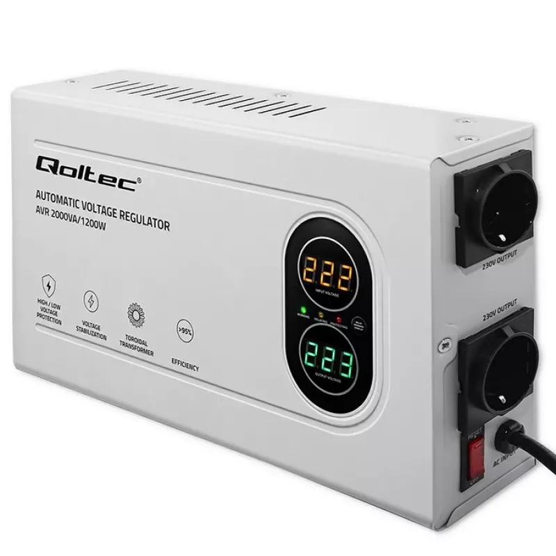 Qoltec automatinis įtampos stabilizatorius AVR 2000VA 1200W kompaktiškas toroidinis transformatorius