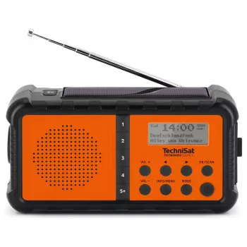 TechniSat TechniRadio Solar 2 DAB+/FM nešiojamas radijas su saulės baterija ir rankine suktuve, juoda/oranžinė