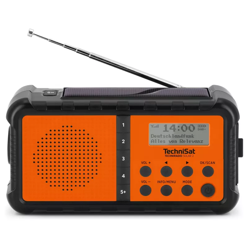TechniSat TechniRadio Solar 2 DAB+/FM nešiojamas radijas su saulės baterija ir rankine suktuve, juoda/oranžinė