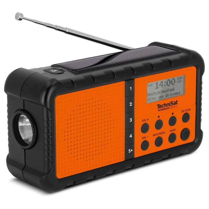 TechniSat TechniRadio Solar 2 DAB+/FM nešiojamas radijas su saulės baterija ir rankine suktuve, juoda/oranžinė