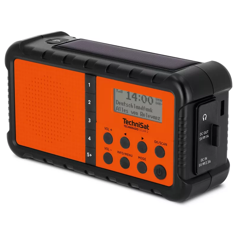 TechniSat TechniRadio Solar 2 DAB+/FM nešiojamas radijas su saulės baterija ir rankine suktuve, juoda/oranžinė