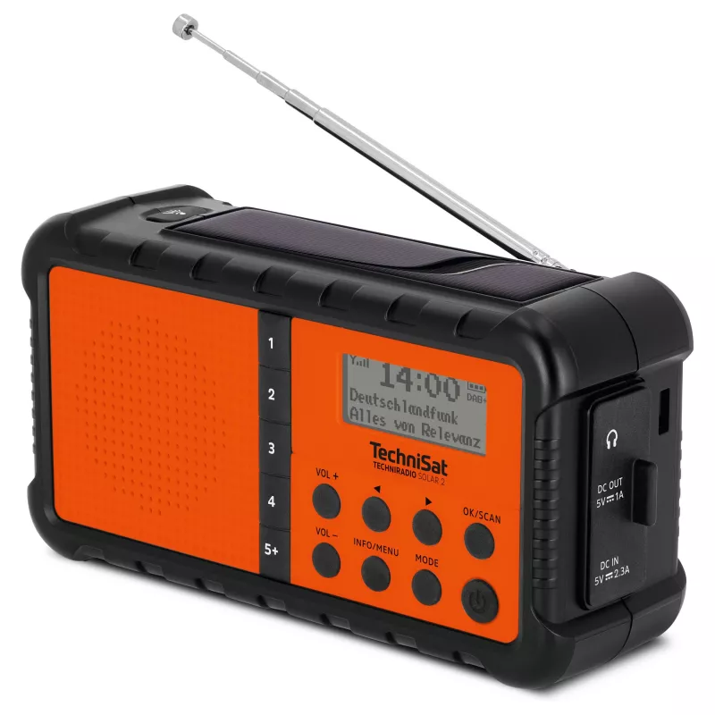 TechniSat TechniRadio Solar 2 DAB+/FM nešiojamas radijas su saulės baterija ir rankine suktuve, juoda/oranžinė