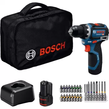 Bosch Professional GSR 12V-32 Akumuliatorinis Gręžtuvas-Suktuvas, 12V, Mėlyna/Juoda, 2x 2.0Ah Li-Ion Akumuliatoriai, 24 Dalių Priedų Rinkinys, Dėklas