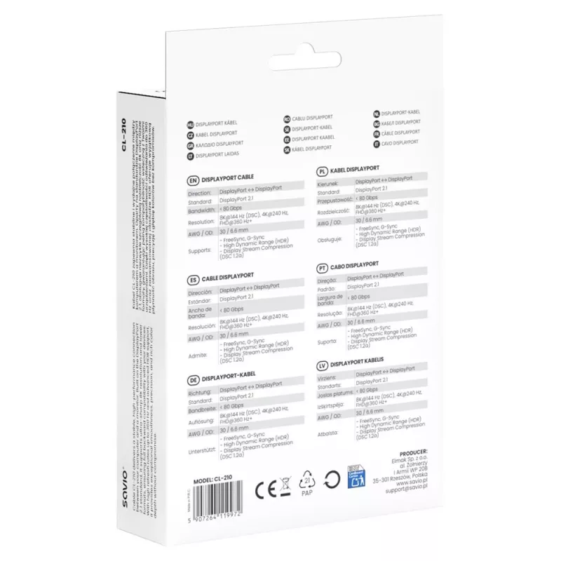 SAVIO CL-210 DisplayPort 2.1 laidas 2 m juodas