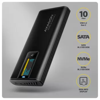 AXAGON EEM2-SD2B Išorinis dėklas 10Gbps M.2 NVMe/SATA SSD su LED ekranu, USB-C, Juodas