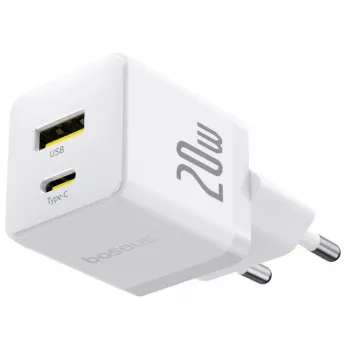 Baseus Palm 20W USB-C + USB-A sieninis įkroviklis, baltas