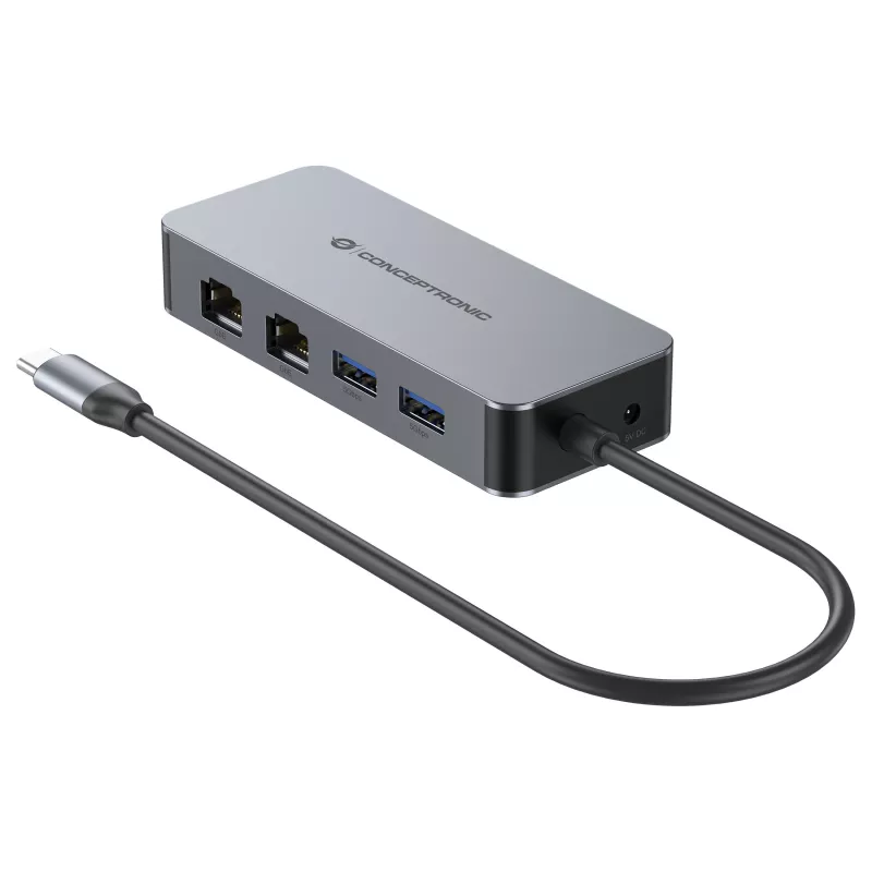 CONCEPTRONIC USB-C į 2x Gigabit Ethernet + 2x USB-A 3.2 Gen 1 adapteris, 0,3 m, pilkas