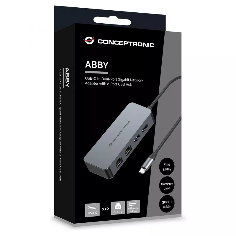 CONCEPTRONIC USB-C į 2x Gigabit Ethernet + 2x USB-A 3.2 Gen 1 adapteris, 0,3 m, pilkas