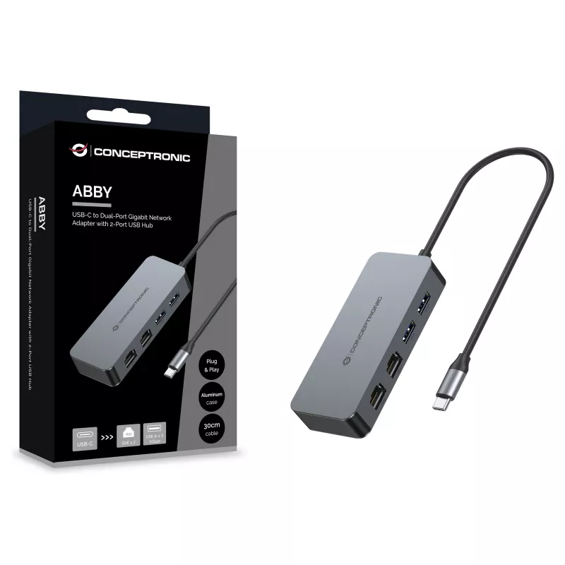 CONCEPTRONIC USB-C į 2x Gigabit Ethernet + 2x USB-A 3.2 Gen 1 adapteris, 0,3 m, pilkas
