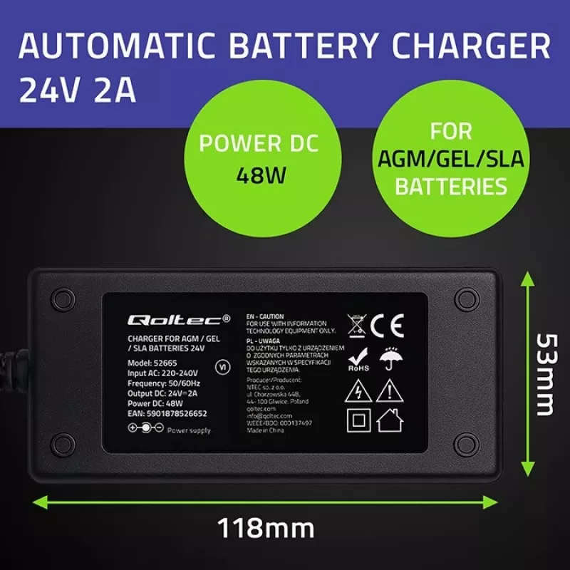Qoltec 52665 Automatinis baterijų įkroviklis AGM GEL STD akumuliatoriams, 24V 2A 48W, LED indikatorius, 1,8m laidas