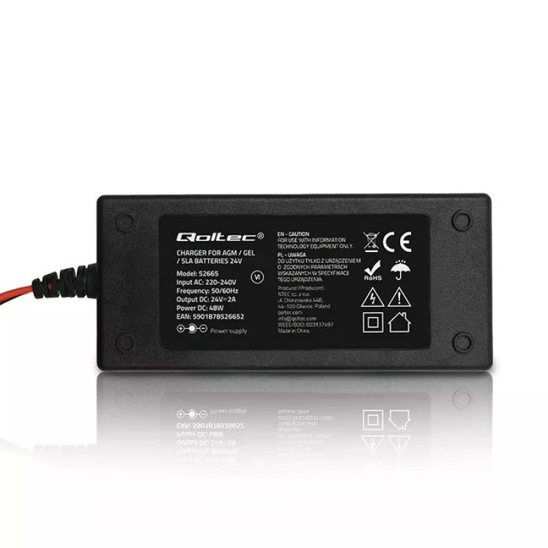 Qoltec 52665 Automatinis baterijų įkroviklis AGM GEL STD akumuliatoriams, 24V 2A 48W, LED indikatorius, 1,8m laidas