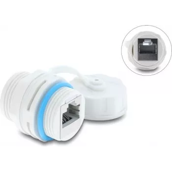 Delock RJ45 Jungtis Cat.6A Moteriška-Moteriška su M23.5 x 1,5 mm Sriegiu ir Apsauginiu Dangteliu IP68 Dulkėms ir Vandeniui Atspari Balta (87156)