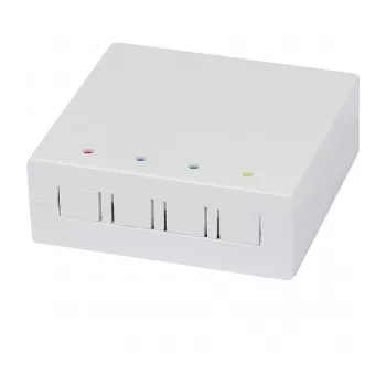 Synergy21 FTTH sieninė dėžutė 4 SC-Simplex arba LC-Duplex movoms, 80x80mm su kabelių vedimu, DIN-bėgelio/sieninis montavimas, termiškai traukiantis, balta