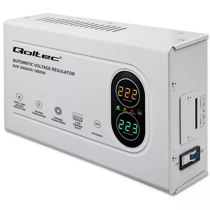 Qoltec automatinis įtampos reguliatorius AVR 3000VA 1800W kompaktiškas toroidinis transformatorius