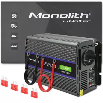 Qoltec Monolith 2000 MS Wave Įtampos keitiklis 12V į 230V 1000/2000W USB