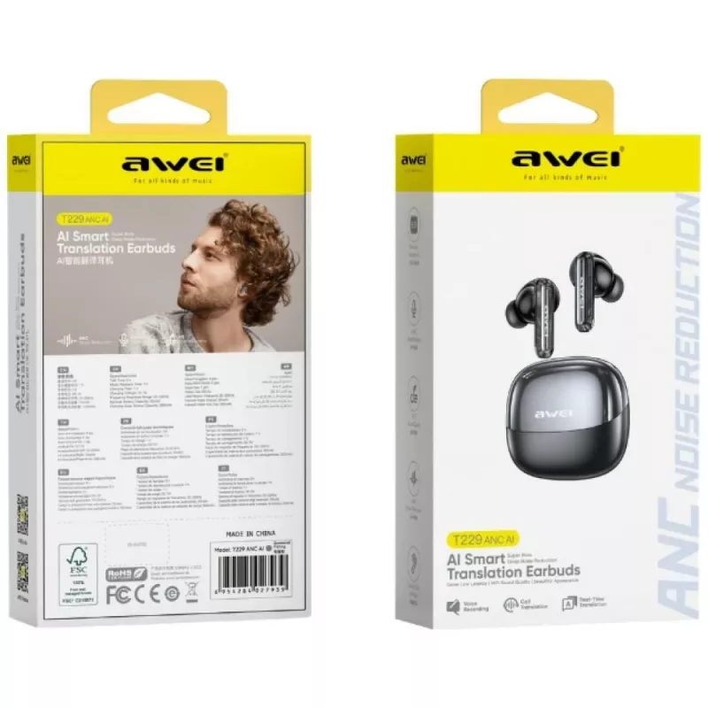 AWEI T229 ANC AI True Wireless Ausinės su Realaus Laiko Vertimu, Aktyviu Triukšmo Slopinimu, Bluetooth 5.0, IPX4, Iki 20h Baterijos, Juodos