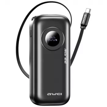 AWEI PowerBank PA-9 10000mAh 22,5W su įtraukiamu kabeliu Juoda