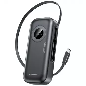 AWEI PowerBank PA-9 10000mAh 22,5W su įtraukiamu kabeliu Juoda
