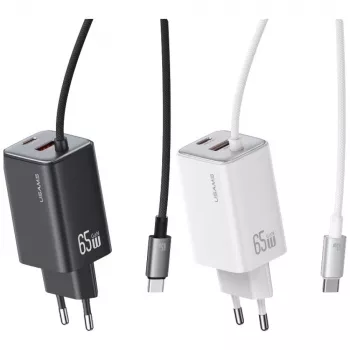 USAMS JC Series CC266 65W GaN Fast Charger 2xUSB-C 1xUSB-A su įmontuotu USB-C laidu 1,5 m Baltas