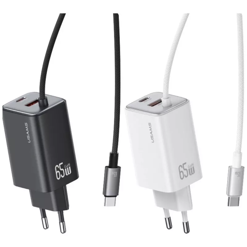 USAMS JC Series CC266 65W GaN Fast Charger 2xUSB-C 1xUSB-A su įmontuotu USB-C laidu 1,5 m Baltas