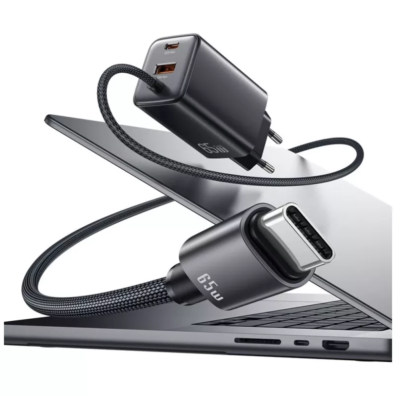 USAMS JC Series CC266 65W GaN Fast Charger 2xUSB-C 1xUSB-A su įmontuotu USB-C laidu 1,5 m Baltas