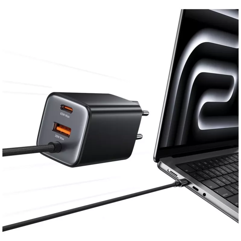 USAMS JC Series CC266 65W GaN Fast Charger 2xUSB-C 1xUSB-A su įmontuotu USB-C laidu 1,5 m Baltas