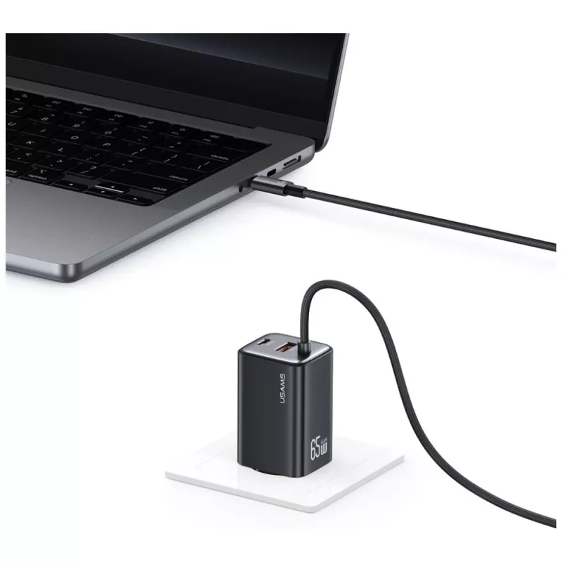 USAMS JC Series CC266 65W GaN Fast Charger 2xUSB-C 1xUSB-A su įmontuotu USB-C laidu 1,5 m Baltas