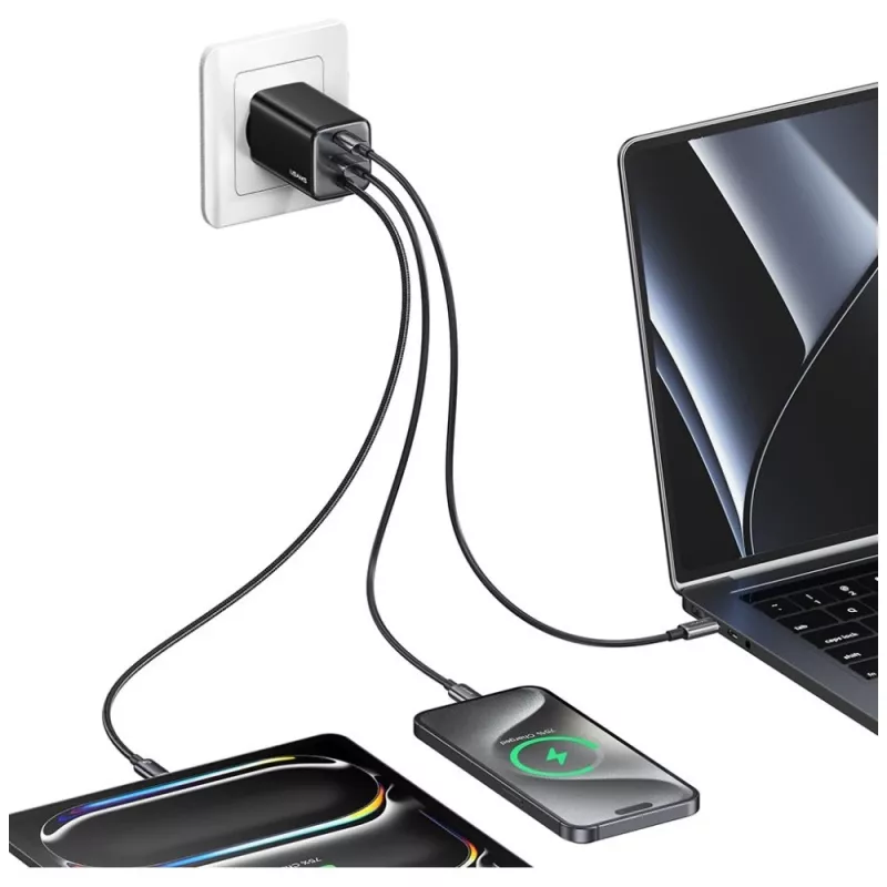 USAMS JC Series CC266 65W GaN Fast Charger 2xUSB-C 1xUSB-A su įmontuotu USB-C laidu 1,5 m Baltas