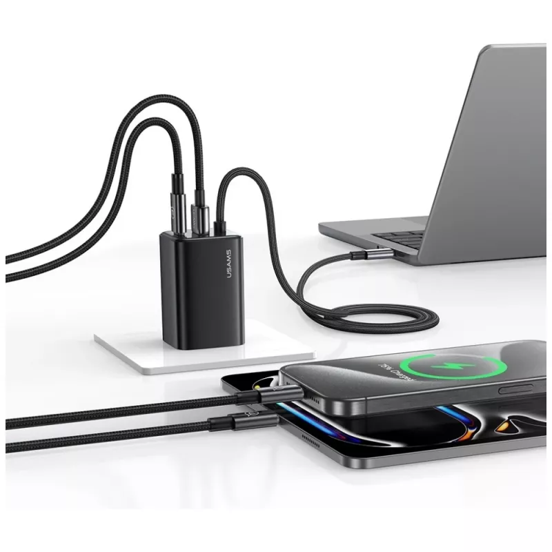 USAMS JC Series CC266 65W GaN Fast Charger 2xUSB-C 1xUSB-A su įmontuotu USB-C laidu 1,5 m Baltas