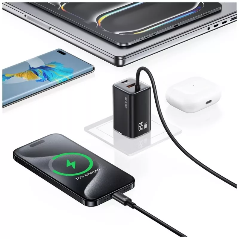 USAMS JC Series CC266 65W GaN Fast Charger 2xUSB-C 1xUSB-A su įmontuotu USB-C laidu 1,5 m Baltas