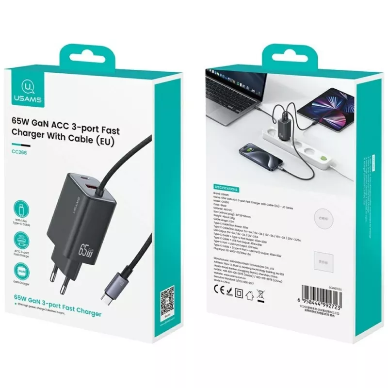 USAMS JC Series CC266 65W GaN Fast Charger 2xUSB-C 1xUSB-A su įmontuotu USB-C laidu 1,5 m Baltas