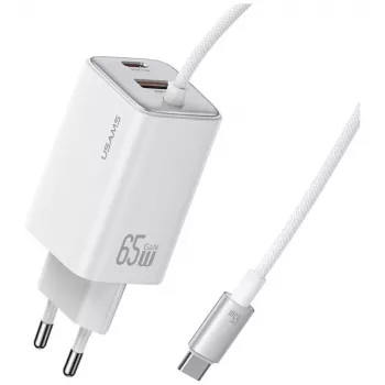 USAMS JC Series CC266 65W GaN Fast Charger 2xUSB-C 1xUSB-A su įmontuotu USB-C laidu 1,5 m Baltas