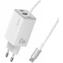 USAMS JC Series CC266 65W GaN Fast Charger 2xUSB-C 1xUSB-A su įmontuotu USB-C laidu 1,5 m Baltas