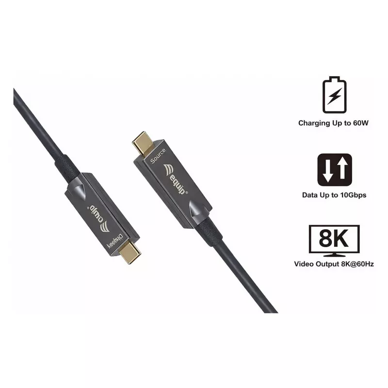 Equip USB-C 3.2 į USB-C aktyvus optinis laidas (AOC) 8K 60W PD 10m juodas