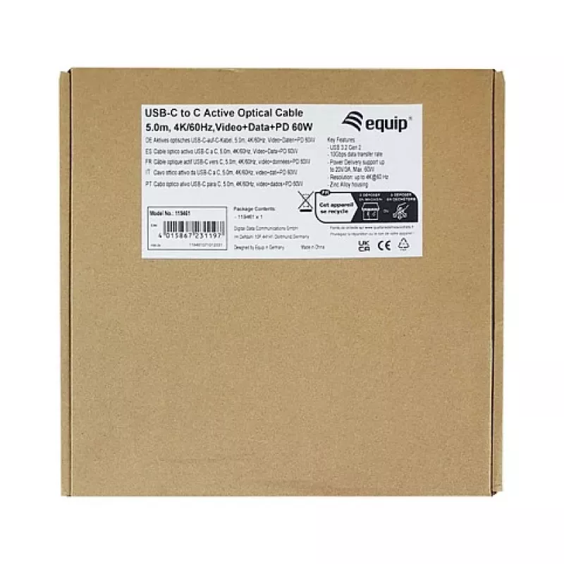 Equip USB-C 3.2 į USB-C aktyvus optinis laidas (AOC) 8K 60W PD 10m juodas