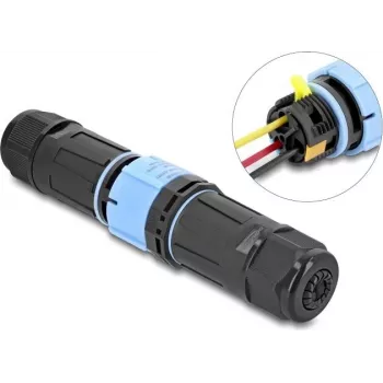 Delock Kabelio Jungtis su Bajonetiniu Užraktu 3 Kontaktų Kištukas į Lizdą, IP68 Vandeniui Atspari, Kabelio Skersmeniui 5 - 9 mm, su Tarpinėmis 9 - 12 mm, Be Įrankių, Juoda (87249)