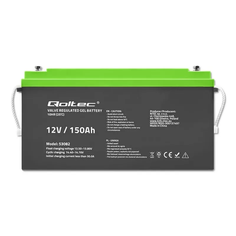 Qoltec 12V 150Ah Gel Battery (GEL) - VRLA, Maintenance-Free, 41,8kg