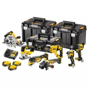 DEWALT 18V XR 7-Tool Combo Kit DCK706P3T su 3x5.0Ah akumuliatoriais, krovikliu ir 3 TSTAK dėžėmis (DCD805, DCF850, DCS355, DCH263, DCG405, DCS572, DCS334)