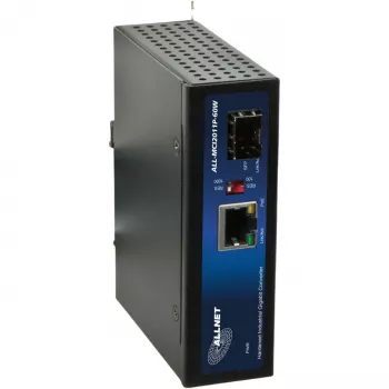 ALLNET ALL-MCI2011P-60W Pramoninis PoE medijos keitiklis, 1x 10/100/1000Base-T RJ45 į 1x 1000Base-X SFP, 60W PoE, DIN bėgis, juodas