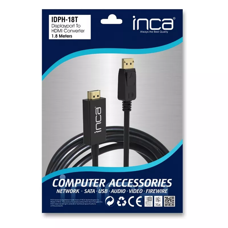 INCA DisplayPort to HDMI kabelis 1,8 m 10,2 Gbit/s Juodas