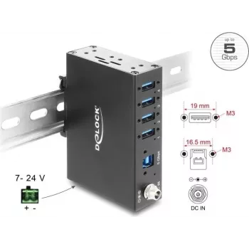 Delock Industrial Hub 4x USB 5 Gbps Type-A su 8 kV ESD apsauga ir DIN bėgelio tvirtinimu