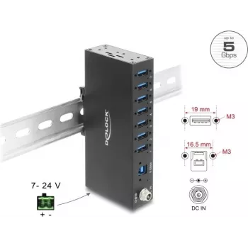 Delock Industrial Hub 7 x USB 5 Gbps Type-A su 8 kV ESD apsauga ir DIN bėgio montavimu