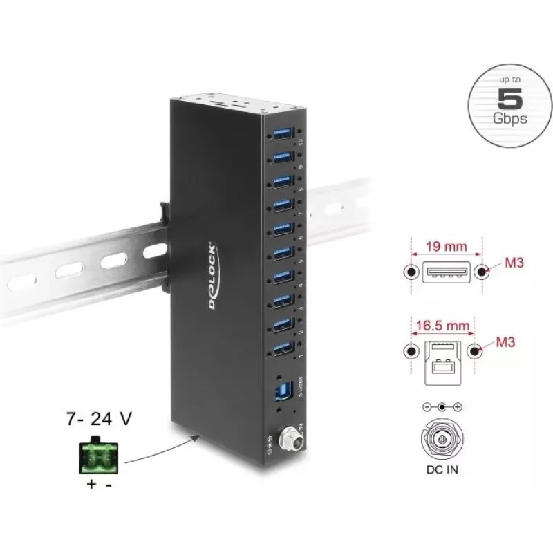 Delock pramoninis USB centras 10 x USB 5 Gbps Type-A su 8 kV ESD apsauga ir DIN bėgio tvirtinimu (60792)