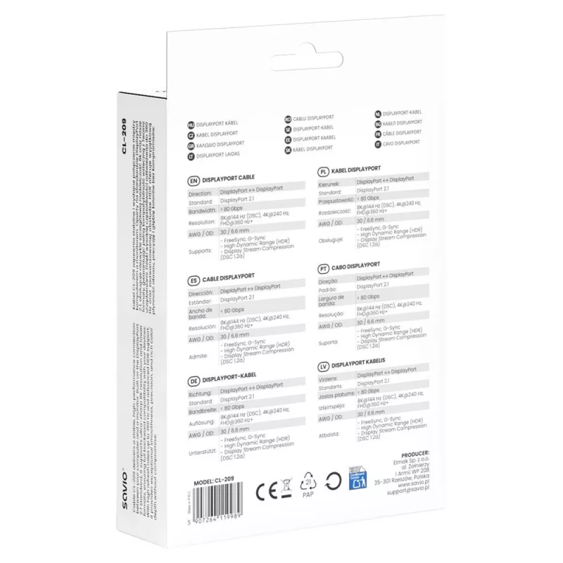 SAVIO CL-209 DisplayPort 2.1 laidas 1m juodas