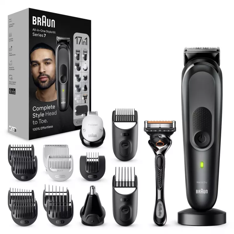 Braun MGK7491 17-in-1 Multi-Grooming Style Kit, juoda/sidabrinė, belaidis, Li-Ion, 100 min. veikimo laikas