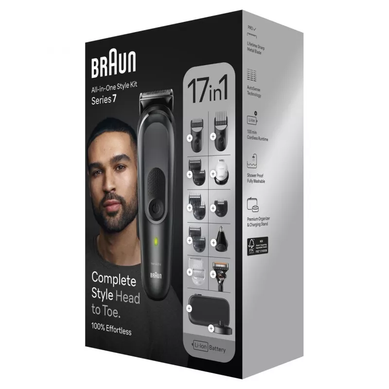 Braun MGK7491 17-in-1 Multi-Grooming Style Kit, juoda/sidabrinė, belaidis, Li-Ion, 100 min. veikimo laikas
