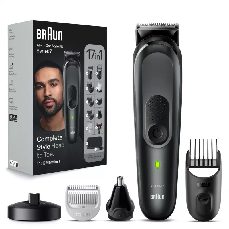 Braun MGK7491 17-in-1 Multi-Grooming Style Kit, juoda/sidabrinė, belaidis, Li-Ion, 100 min. veikimo laikas