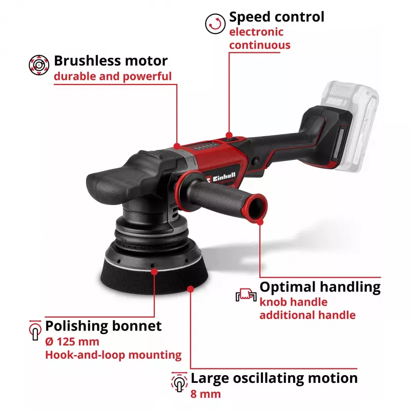 EINHELL Professional belaidis atsitiktinio judesio poliravimo aparatas CP-EP 18/125 Li BL-Solo, 18V, 125mm, raudonas/juodas, be akumuliatoriaus