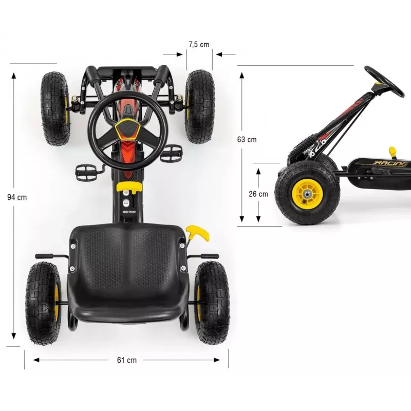 MILLY MALLY Pedal Go-Kart Thor Black, Steel Frame, EVA Foam Wheels, Hand Brake, Forward/Reverse, for Kids 3-8 Years, Max Load 30 kg