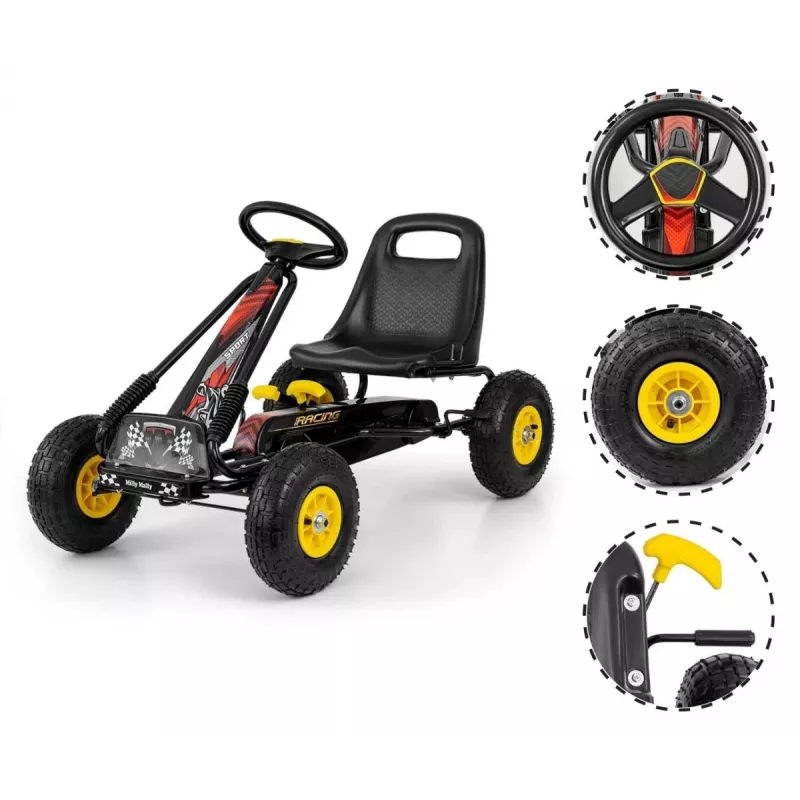 MILLY MALLY Pedal Go-Kart Thor Black, Steel Frame, EVA Foam Wheels, Hand Brake, Forward/Reverse, for Kids 3-8 Years, Max Load 30 kg